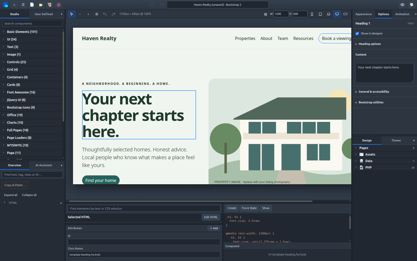 Bootio editor showing component families, a real estate page, element properties and editable source