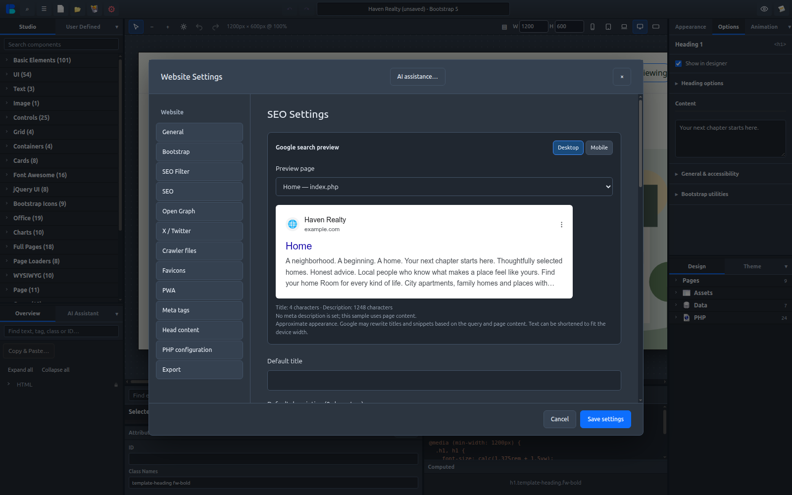 Bootio SEO settings with website and page metadata controls