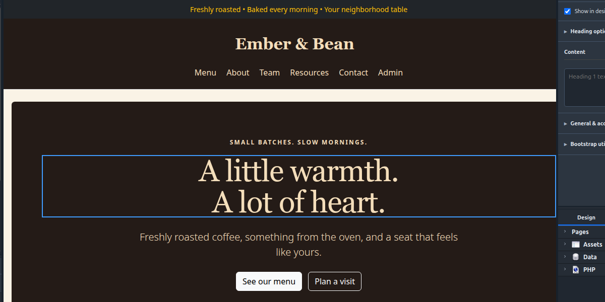 Coffee shop template in Bootio